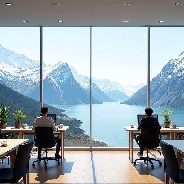 Moderne coworking-område med nordlys-utsikt